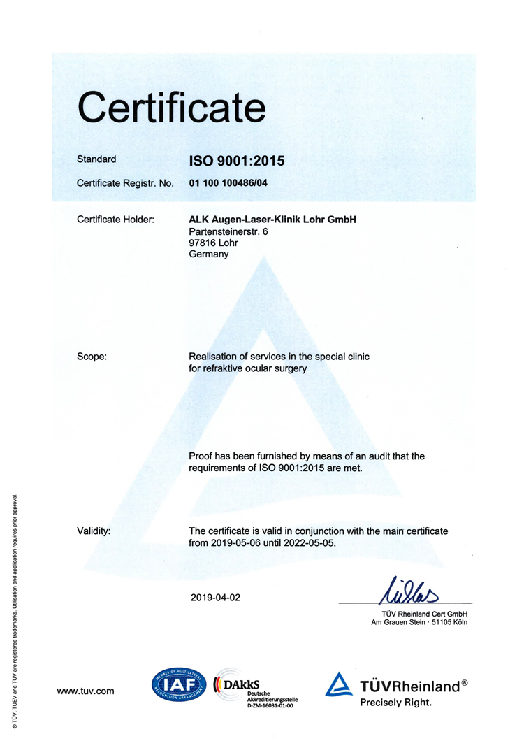 TÜV Rheinland Certificate of the Eye Laser Clinic Lohr 2019